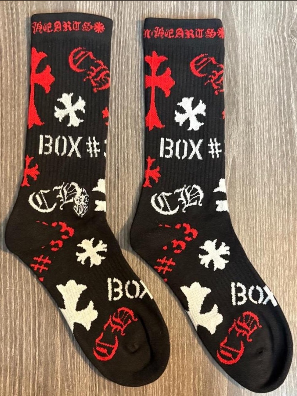Men's Black Graphic Crew Socks with Red & White Motifs